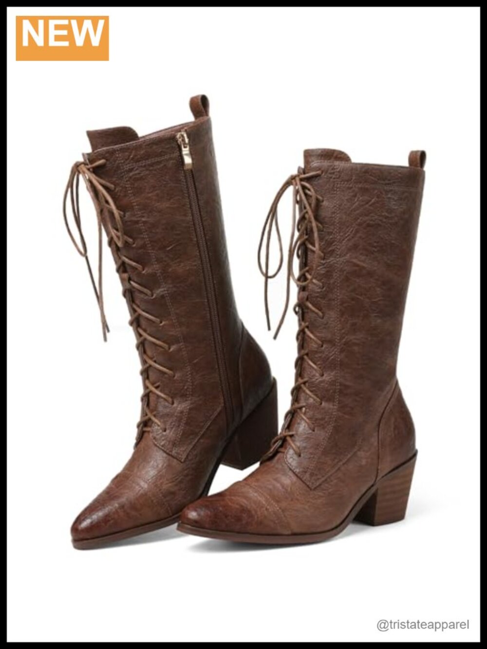 Mid Calf Lace Up Chunky Heel Combat Boots Pointed Toe Zip